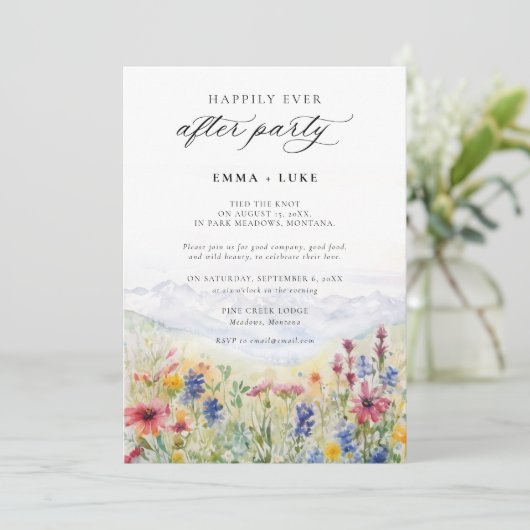 After Party Mountains Meadow Wildflowers Wedding Kaart (Staand voorkant)