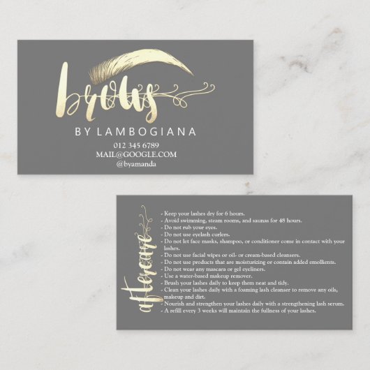 Aftercare Brows Gold Logo Microblading Grey Busine Visitekaartje (Voorkant / Achterkant)