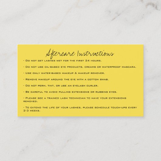 Aftercare Instructies Lash Extension Black Yellow Visitekaartje (Achterkant)