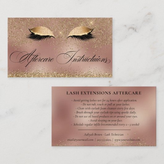 Aftercare Instruction Luxe Gold Copper Lash Care Visitekaartje (Voorkant / Achterkant)