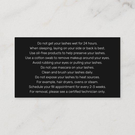 Aftercare Instructions Card for Lash Extensions Visitekaartje (Achterkant)
