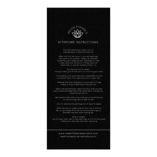 Aftercare oorpiercing instructies zwart foto reclamekaart (Voorkant)