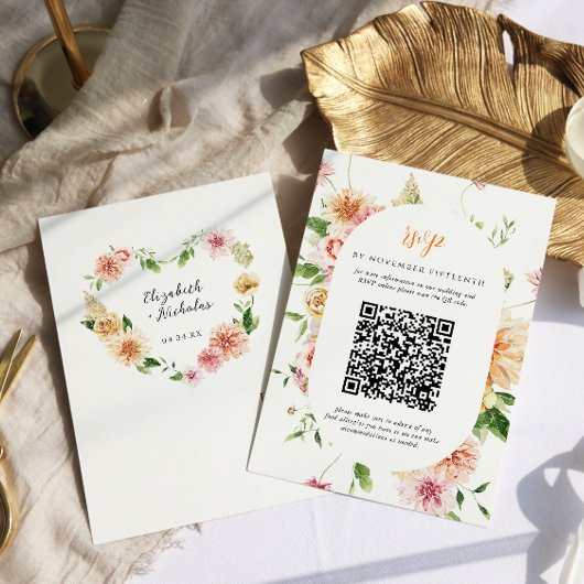 Afterglow Garden Floral Heart QR Code Wedding RSVP Kaartje