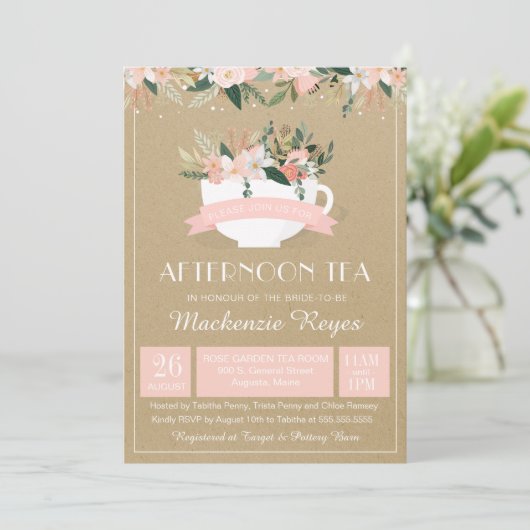 Aftermiddag Tea Floral Teacup Blush Vrijgezellenfe Kaart (Staand voorkant)
