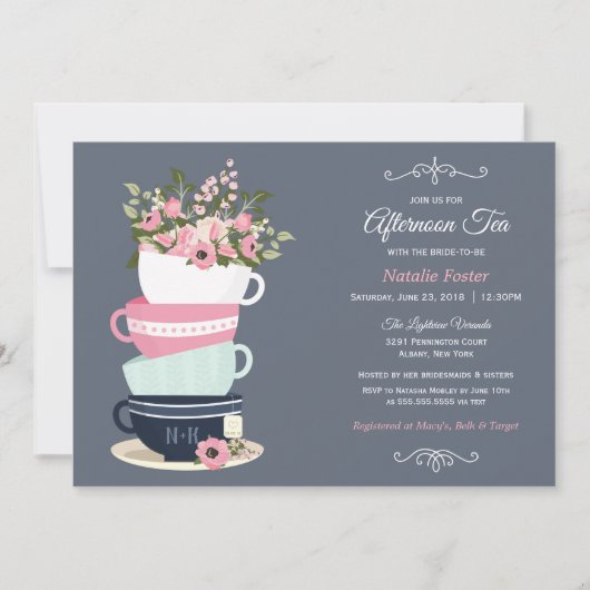 Aftermiddags Tea Bridal Shower | Blauw roze Kaart (Voorkant)