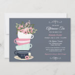 Aftermiddags Tea Bridal Shower | Blauw roze Kaart<br><div class="desc">Dit ontwerp kan voor elke gelegenheid worden aangepast! Met een mooie stapel theekopjes en bloemetjes is dit ontwerp perfect voor een theefeestje vrijgezellenfeest,  baby shower verjaardagsfeest,  feestfeest en nog veel meer! Geef de tekst voor om het even welke gebeurtenis uit,  en nodig uw gasten in stijl uit!</div>