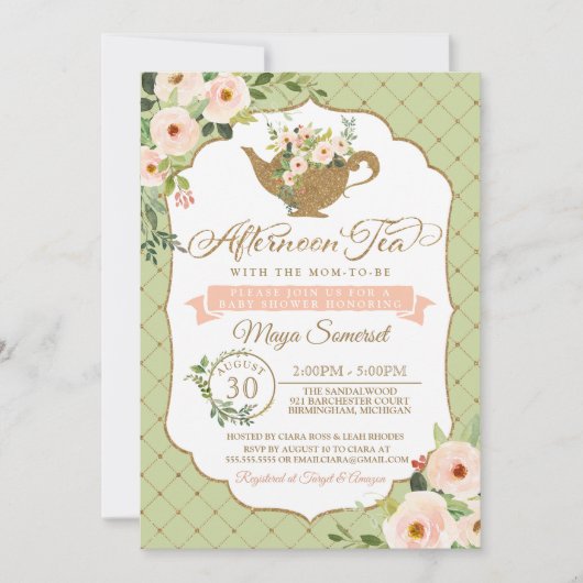 Afternoon Tea Luxury Blush Mint Floral Baby shower Kaart (Voorkant)