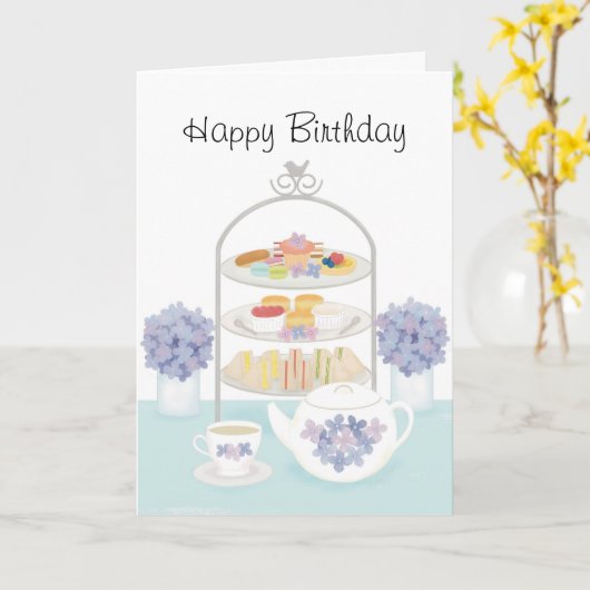 Afternoon Tea Verjaardag met Hydrangea Bloemen Kaart (Gele Bloem)