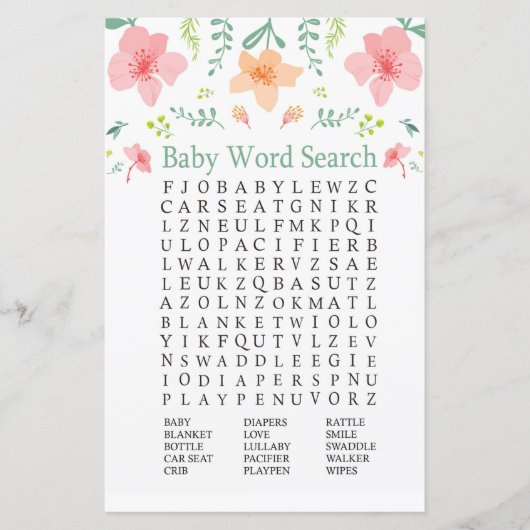 Afvalbloemen Baby shower Word Search Game (Voorkant)