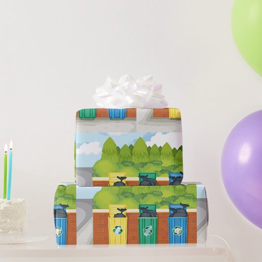 Afvalscheiding met kleurcodering op afvalbakken cadeaupapier