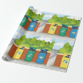 Afvalscheiding met kleurcodering op afvalbakken cadeaupapier (Uitgerold)