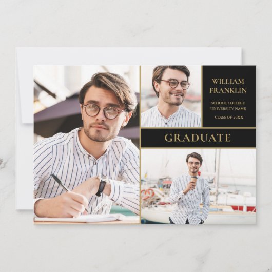 Afwastudeerd Zwart en Goud 3 Foto Collage Afstuder Aankondiging (Voorkant)