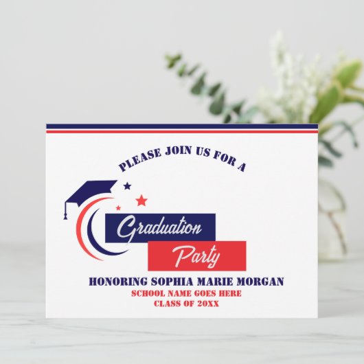 Afwikkeling Blauwe Rode Witte Afstudeeruitnodiging Kaart (Staand voorkant)