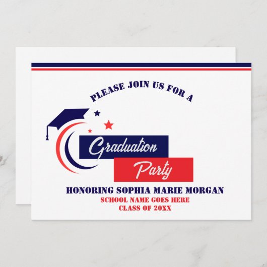 Afwikkeling Blauwe Rode Witte Afstudeeruitnodiging Kaart (Voorkant / Achterkant)