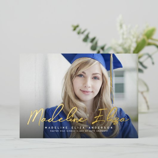 Afwikkelingsnaam handtekening script foto afstuder folie uitnodiging (Staand Voorkant)