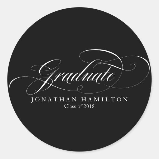 Afwstuderen Zwart en Wit Fancy Script Afstuderen Ronde Sticker (Voorkant)