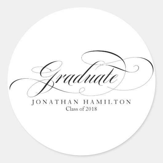 Afwstuderen Zwart & Wit Elegant Script Afstuderen Ronde Sticker (Voorkant)