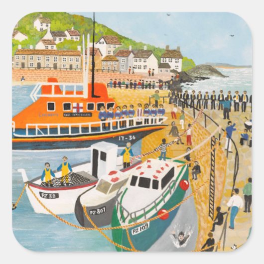 Afzinking van de reddingsboot in Mousehole Vierkante Sticker (Voorkant)