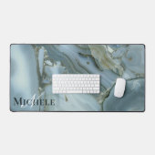 Agaat Baby Blauw Goud Marmer Custom Naam Letter Bureaumat (Keyboard & Muis)