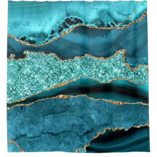 Agaat Blauwgroen Blauw Goud Aqua Turquoise Doucheg Douchegordijn (Voorkant)
