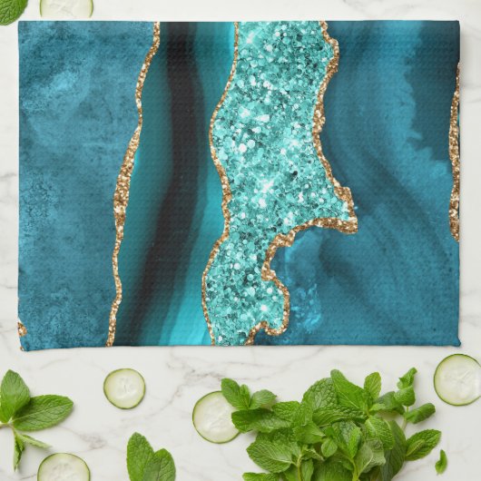 Agaat Blauwgroen Blauw Goud Aqua Turquoise Keukenh Theedoek (Gevouwen)