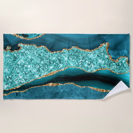 Agaat Blauwgroen Blauw Goud Aqua Turquoise Strandl Strandlaken (Voorkant)