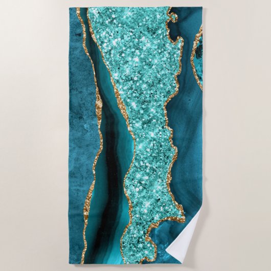Agaat Blauwgroen Blauw Goud Aqua Turquoise Strandl Strandlaken (Voorkant)