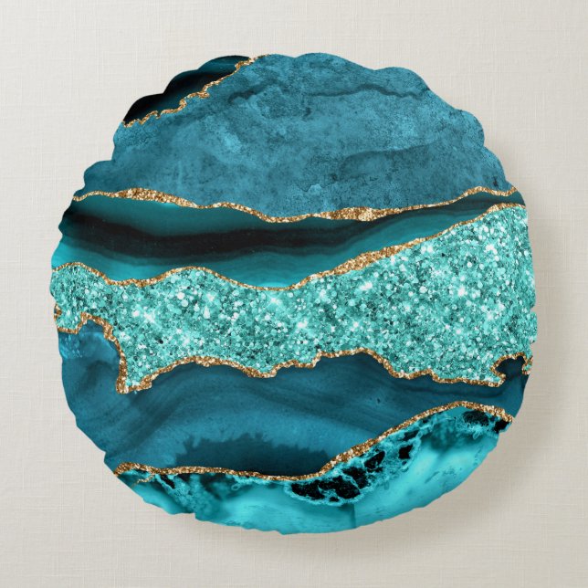 Agaat Blauwgroen Blauw Goud Glitter Aqua Rond Kuss Rond Kussen (Voorkant)