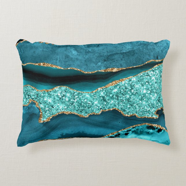 Agaat Blauwgroen Blauw Goud Glitter Marmer Aqua Tu Accent Kussen (Voorkant)