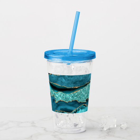 Agaat Blauwgroen Blauw Goud Glitter Marmer Aqua Tu Acryl Drinkbeker (Achterkant ijs)