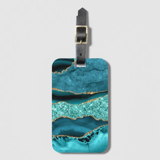 Agaat Blauwgroen Blauw Goud Glitter Marmer Aqua Tu Bagagelabel (Voorkant (verticaal))