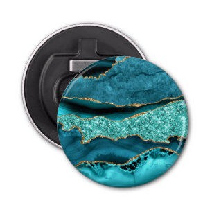 Agaat Blauwgroen Blauw Goud Glitter Marmer Aqua Tu Button Flesopener