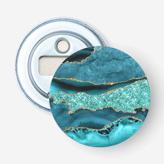 Agaat Blauwgroen Blauw Goud Glitter Marmer Aqua Tu Button Flesopener (Voorkant)