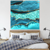 Agaat Blauwgroen Blauw Goud Glitter Marmer Aqua Tu Canvas Afdruk (Insitu (Slaapkamer))