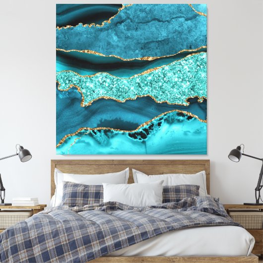 Agaat Blauwgroen Blauw Goud Glitter Marmer Aqua Tu Canvas Afdruk (Insitu (Slaapkamer))