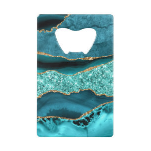 Agaat Blauwgroen Blauw Goud Glitter Marmer Aqua Tu Creditkaart Flessenopener