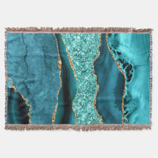 Agaat Blauwgroen Blauw Goud Glitter Marmer Aqua Tu Deken (Voorkant)