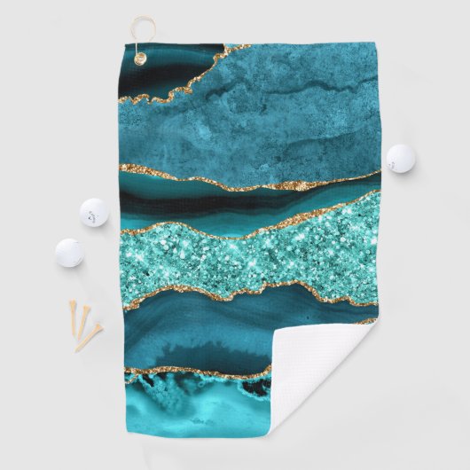 Agaat Blauwgroen Blauw Goud Glitter Marmer Aqua Tu Golfhanddoek (Insitu)