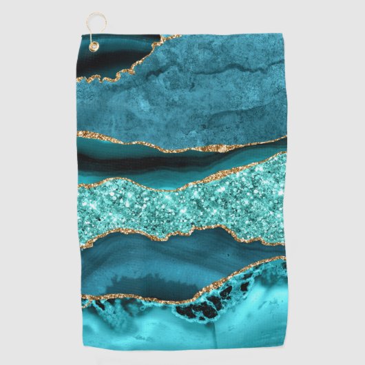 Agaat Blauwgroen Blauw Goud Glitter Marmer Aqua Tu Golfhanddoek (Voorkant)