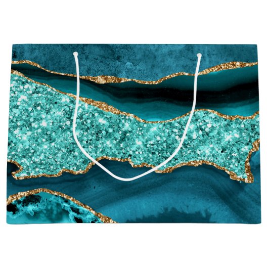 Agaat Blauwgroen Blauw Goud Glitter Marmer Aqua Tu Groot Cadeauzakje (Voorkant)