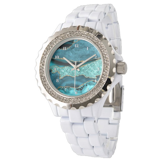 Agaat Blauwgroen Blauw Goud Glitter Marmer Aqua Tu Horloge (Gekanteld)