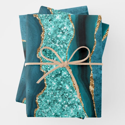 Agaat Blauwgroen Blauw Goud Glitter Marmer Aqua Tu Inpakpapier Vel (In situ)