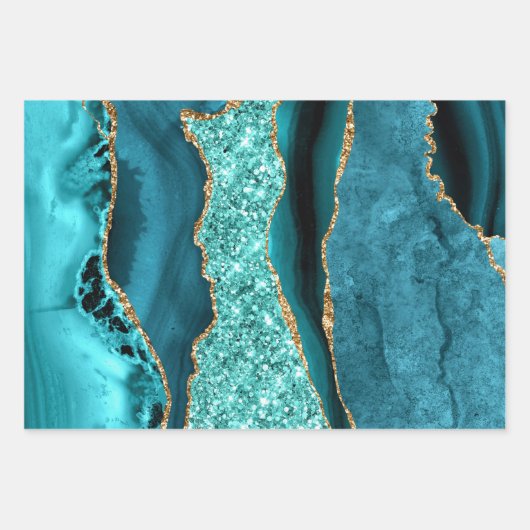 Agaat Blauwgroen Blauw Goud Glitter Marmer Aqua Tu Inpakpapier Vel (Voorkant)