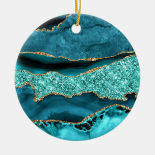 Agaat Blauwgroen Blauw Goud Glitter Marmer Aqua Tu Keramisch Ornament