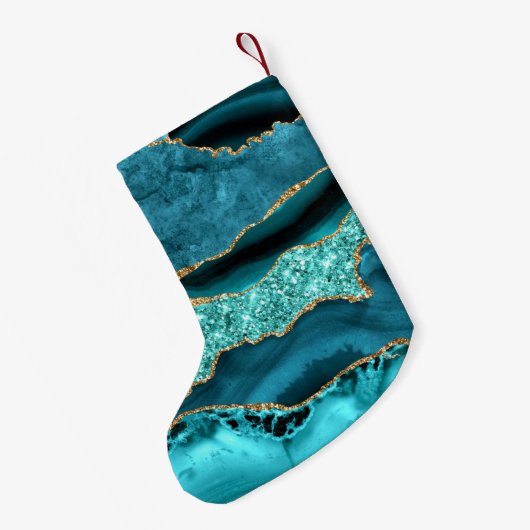 Agaat Blauwgroen Blauw Goud Glitter Marmer Aqua Tu Kleine Kerstsok (Achterkant (Hangend))