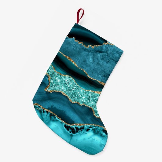 Agaat Blauwgroen Blauw Goud Glitter Marmer Aqua Tu Kleine Kerstsok (Voorkant (Hangend))