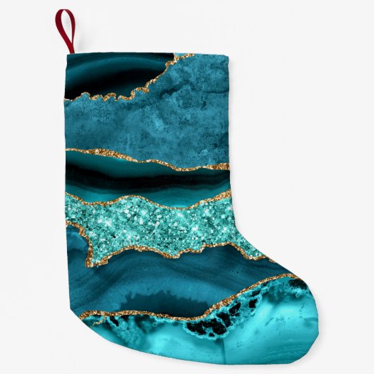 Agaat Blauwgroen Blauw Goud Glitter Marmer Aqua Tu Kleine Kerstsok (Voorkant)