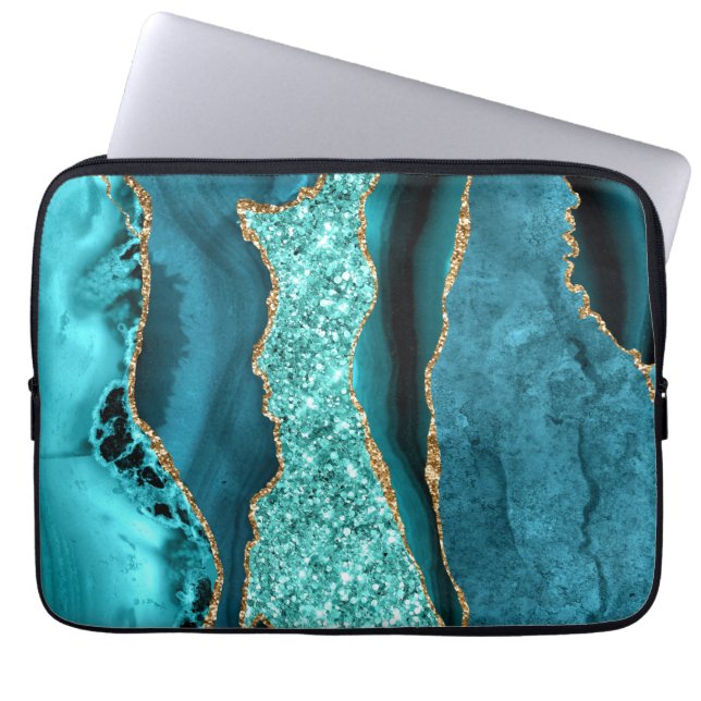 Agaat Blauwgroen Blauw Goud Glitter Marmer Aqua Tu Laptop Sleeve (Voorkant)