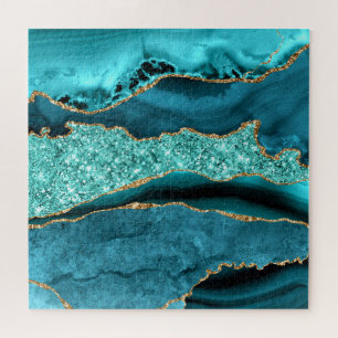Agaat Blauwgroen Blauw Goud Glitter Marmer Aqua Tu Legpuzzel