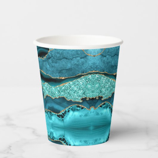 Agaat Blauwgroen Blauw Goud Glitter Marmer Aqua Tu Papieren Bekers (Voorkant)